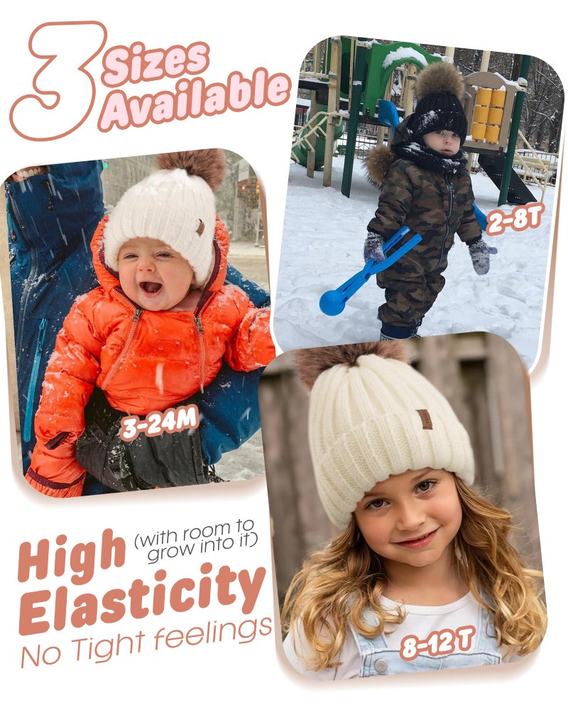 FURTALK Kids Winter Hat Toddler Knitted Beanie with Faux Fur Pom Poms for Baby Girls Boys Beige,2-8 Years - Image 3